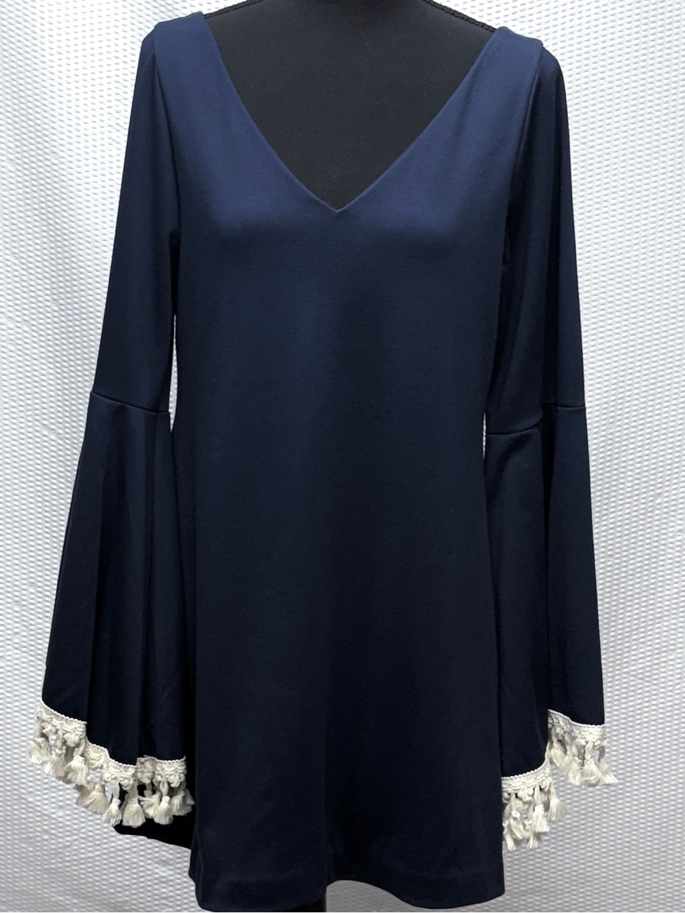 Judith March Boho Tassel Fringe Dress Women’s L Navy Bell Sleeve Tunic Mini